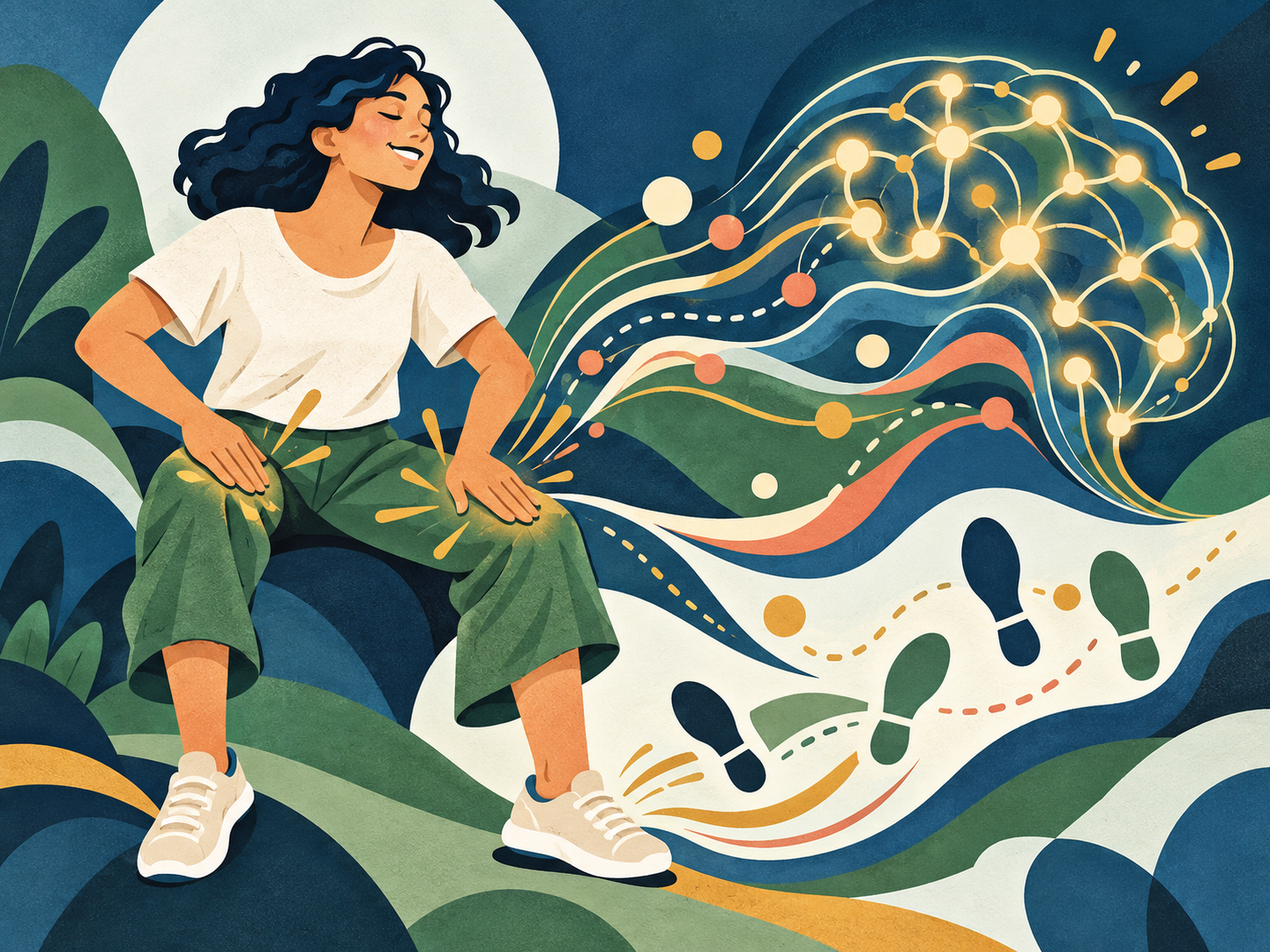 Ilustración de una persona marcando ritmo con las manos; ondas se convierten en una red cerebral y huellas de movimiento.